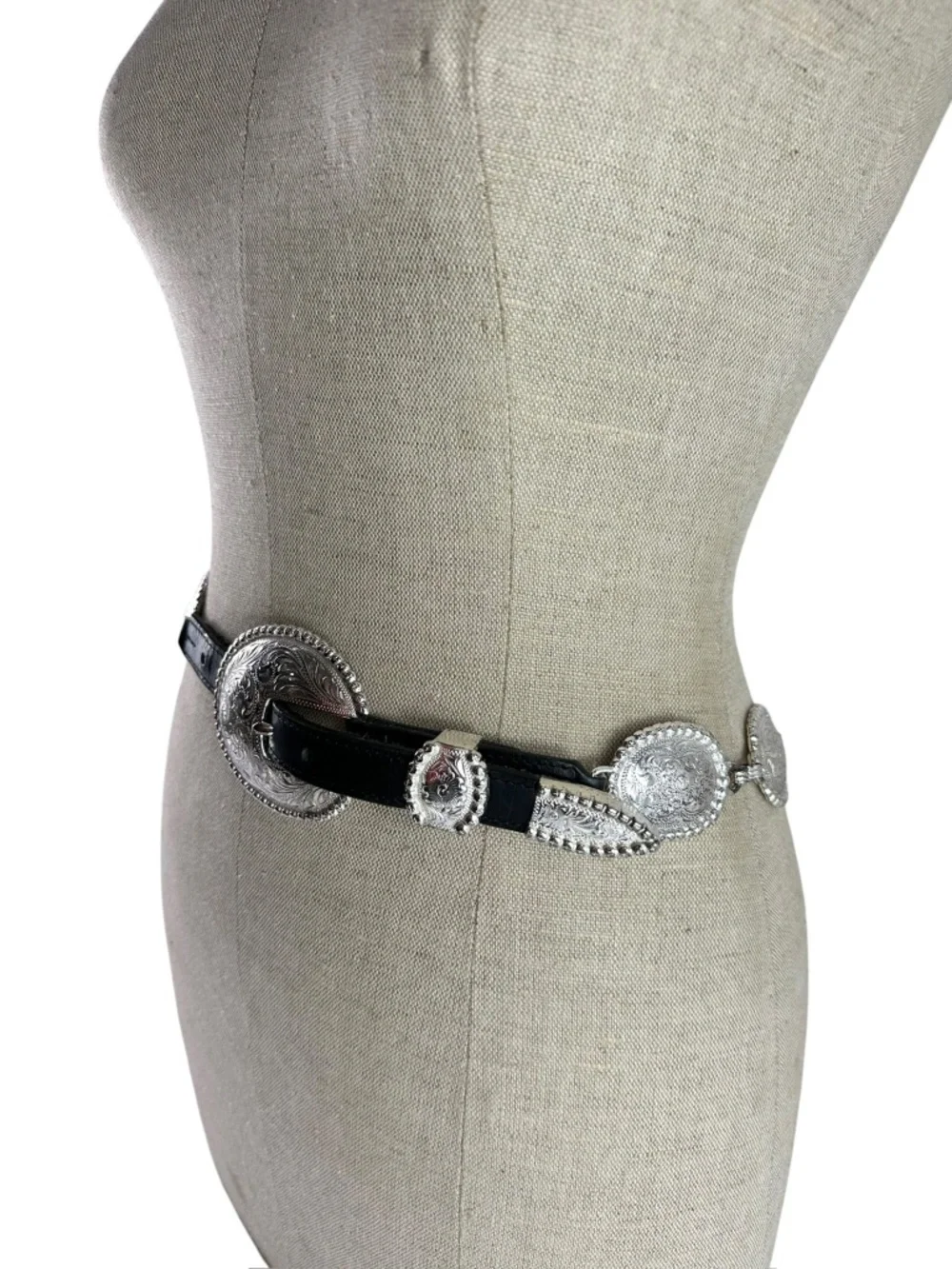 Genuine Vintage TONY LAMA Black Leather Concho Silver Western Bohemian Belt 28